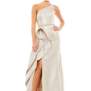 Mac Duggal Asymmetric Metallic Ruffle Gown
